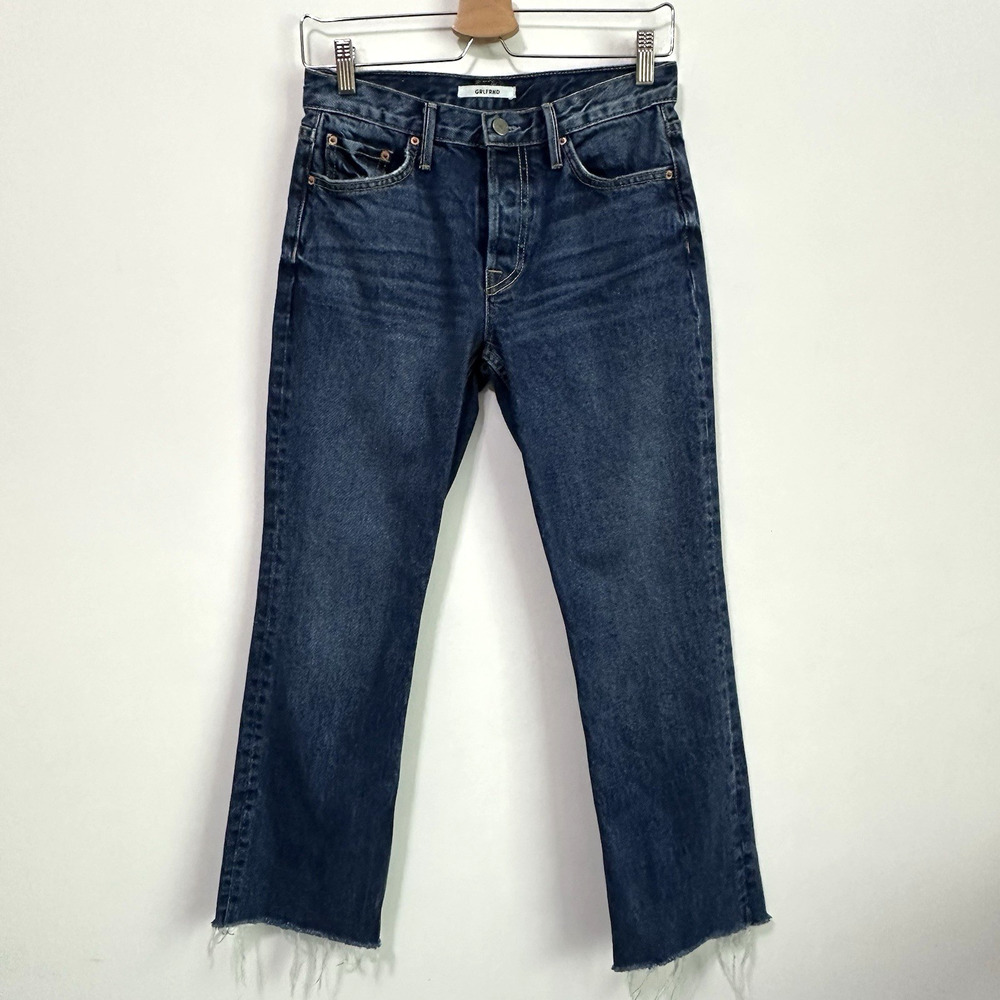GRLFRND Crop Jeans 26 Mid Rise Tatum Button Fly Only Lies Blue Raw Hem Trendy